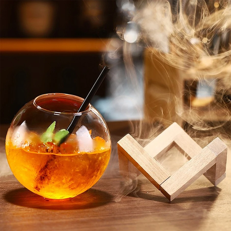 Creative Spherical Cocktail Glass With Wood Stand Unique Shape Bar Glassware Drink Cup Ronud Ball Cocktail Cup Glass Straw Cup