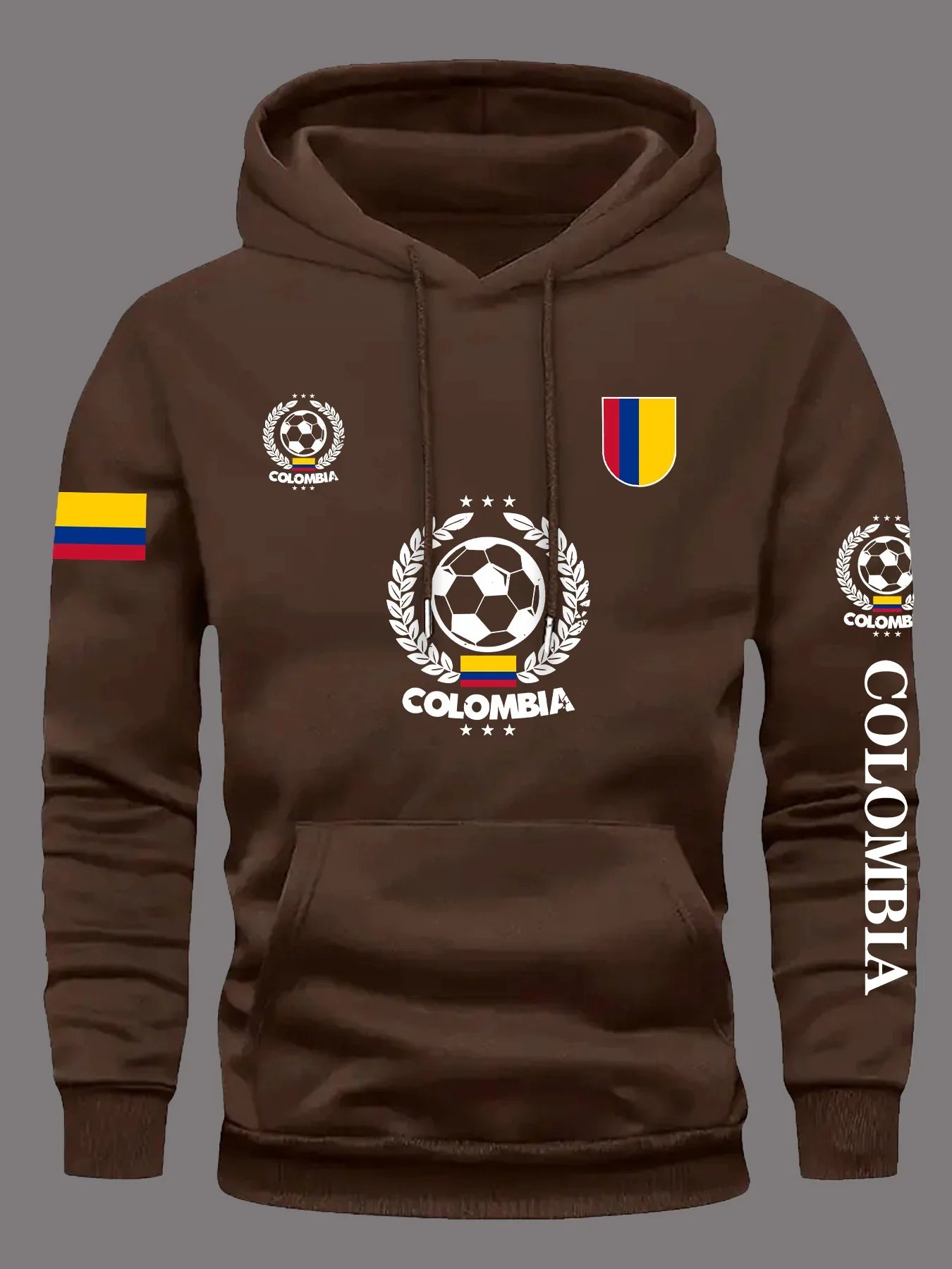 سترة بغطاء للرأس برسوم المنتخب الوطني لكولومبيا للرجال - بلوفر أحمر نابض بالحياة لكرة القدم مع شعار فضفاض مناسب لآلة البلوز غير الرسمية