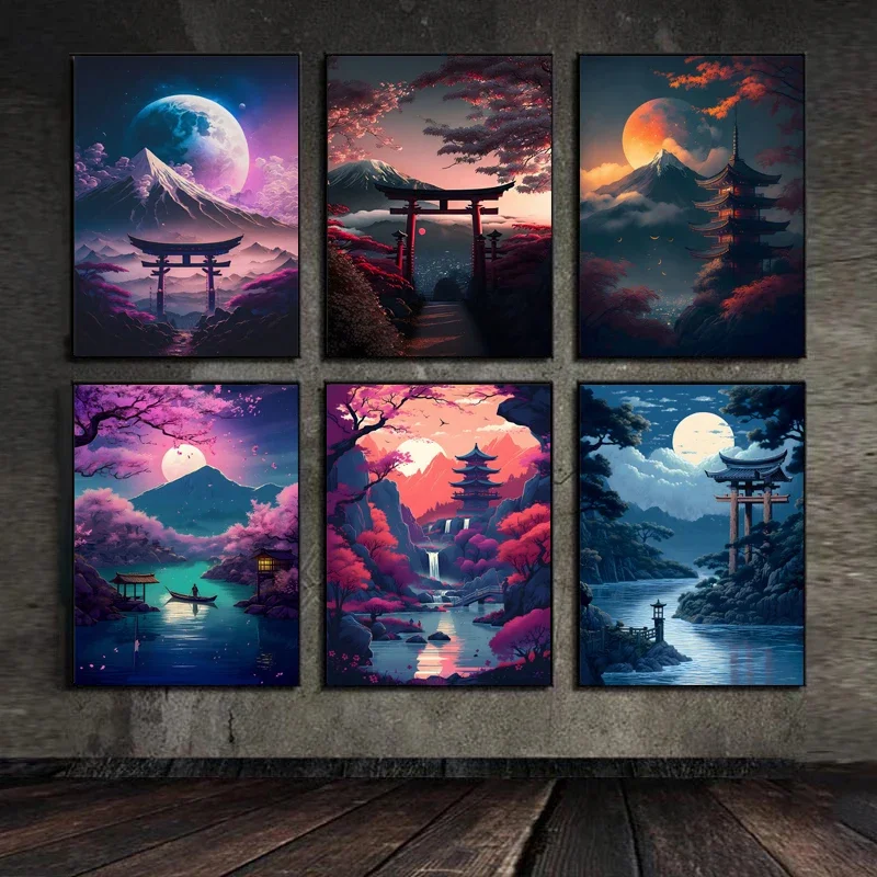 Affiche sur toile de l'art abstrait du Mont Fuji japonais, peinture de paysage cyberpunk, décoration murale de couloir, tableau mural pour salon