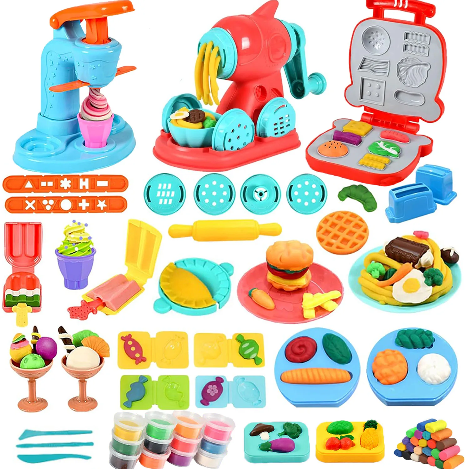 

74 PCS 3 In 1 Dough Sets For Kids Ages 3-4-8, Art Crafts Dough Tools Kit, Ice Cream Playset Noodle Hamburger Maker Machine Desse
