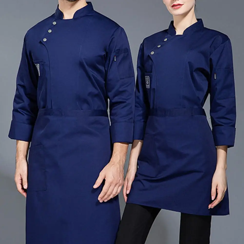 

1Pc Stand Collar Chef Coat Cotton Blend Breathable Long Chef Uniform Double-breasted Stain-resistant Chef Uniform for Bakery