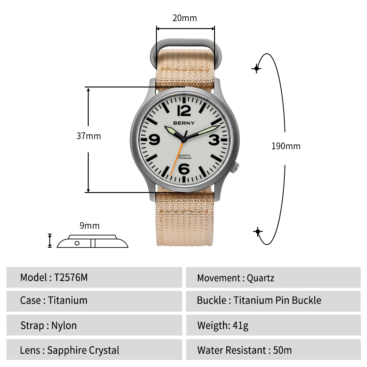 BERNY Titanuhren für Herren, Saphir-Feldsport-Quarzuhr, voll leuchtendes Zifferblatt, wasserdichte Armbanduhr für den Außenbereich – Detail 2