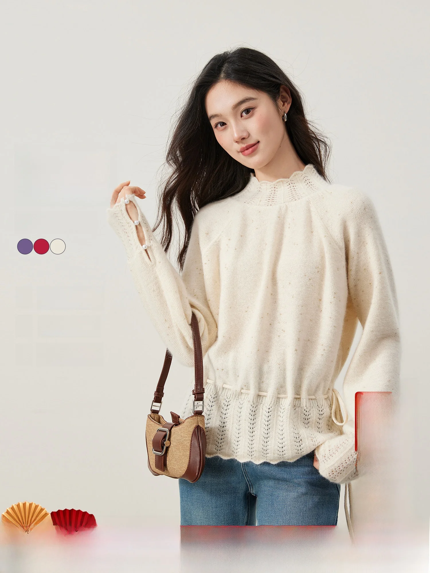 

Женский вязаный свитер Ele Sle с кроличьим мехом, цветочным узором, завязками на талии, воротником-стойкой, укороченный, Зима 2025