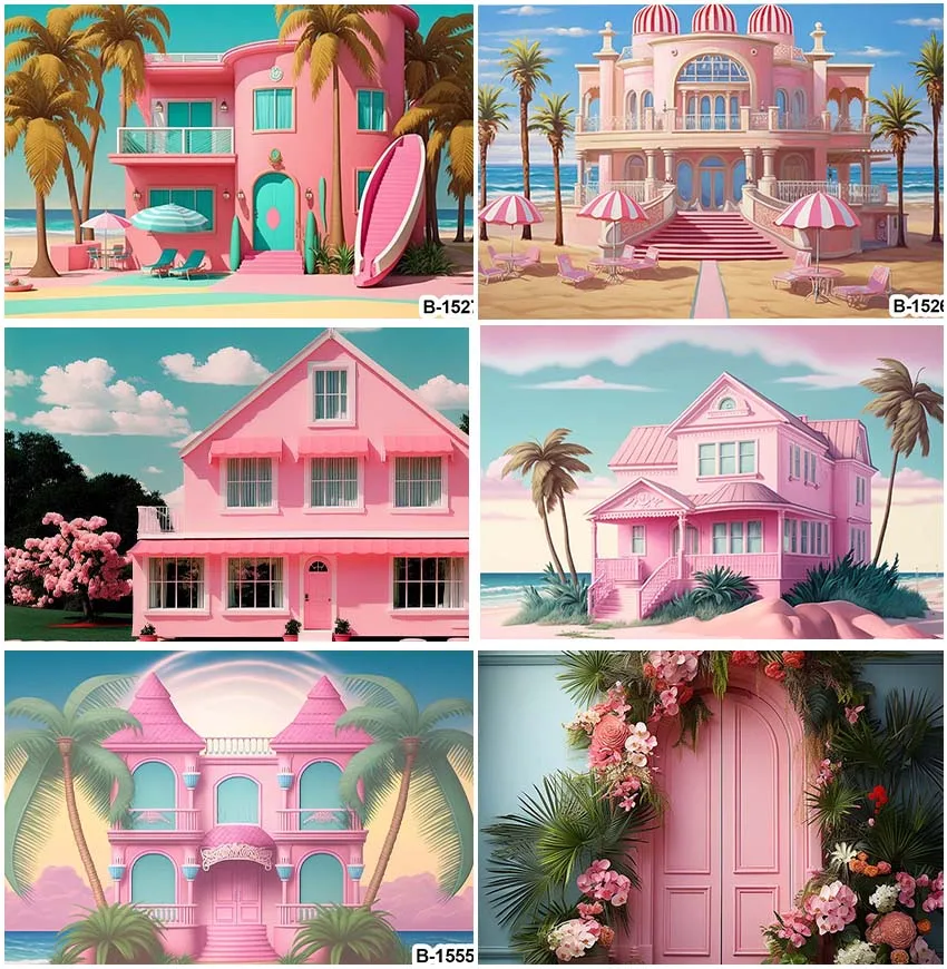 ฉากหลังวันหยุดชายทะเลปราสาทบ้านสีชมพูสำหรับเด็กเล็กเด็กผู้หญิงงานเลี้ยงวันเกิดพื้นหลังงานแต่งงานอุปกรณ์ภาพเหมือนเด็ก