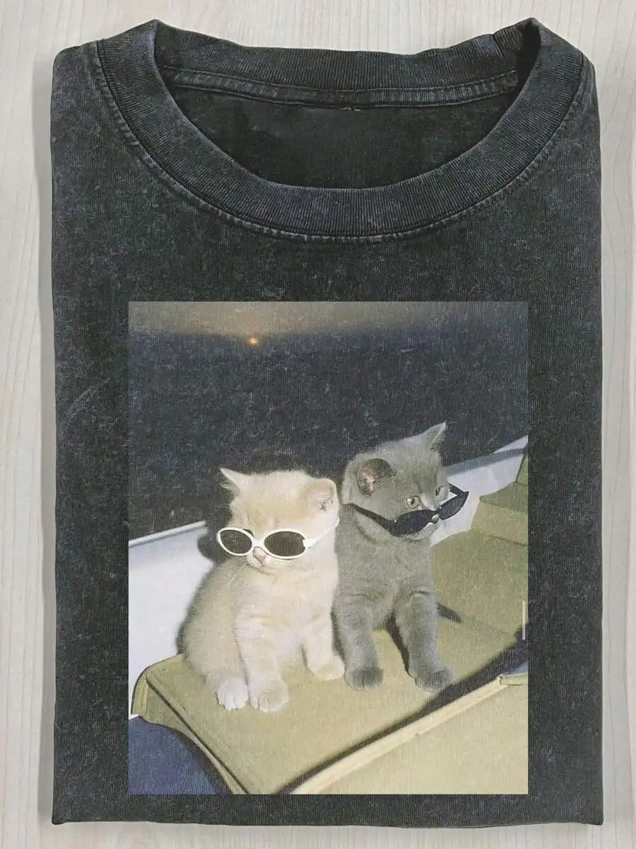 Batik Cotton Vintage Summer Casual T‑Shirt For Men Washed Cool Kitten Graphic Print Tee Top