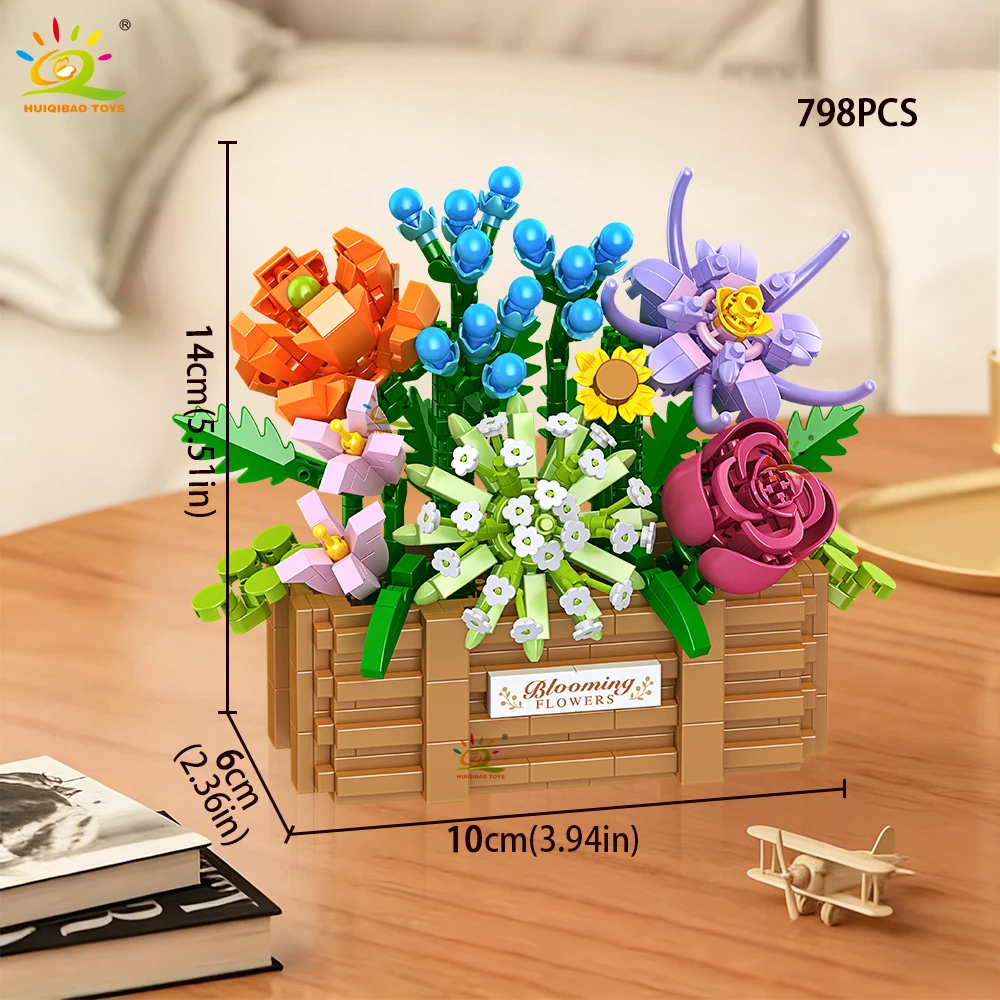 HUIQIBAO MOC Rosen-Sonnenblumen-Blumentopf Mikro-Baustein-Set DIY Blumenstrauß-Korb Mini-Diamant-Bausteine Kinderspielzeug Schreibtisch-Deko – Detail 9