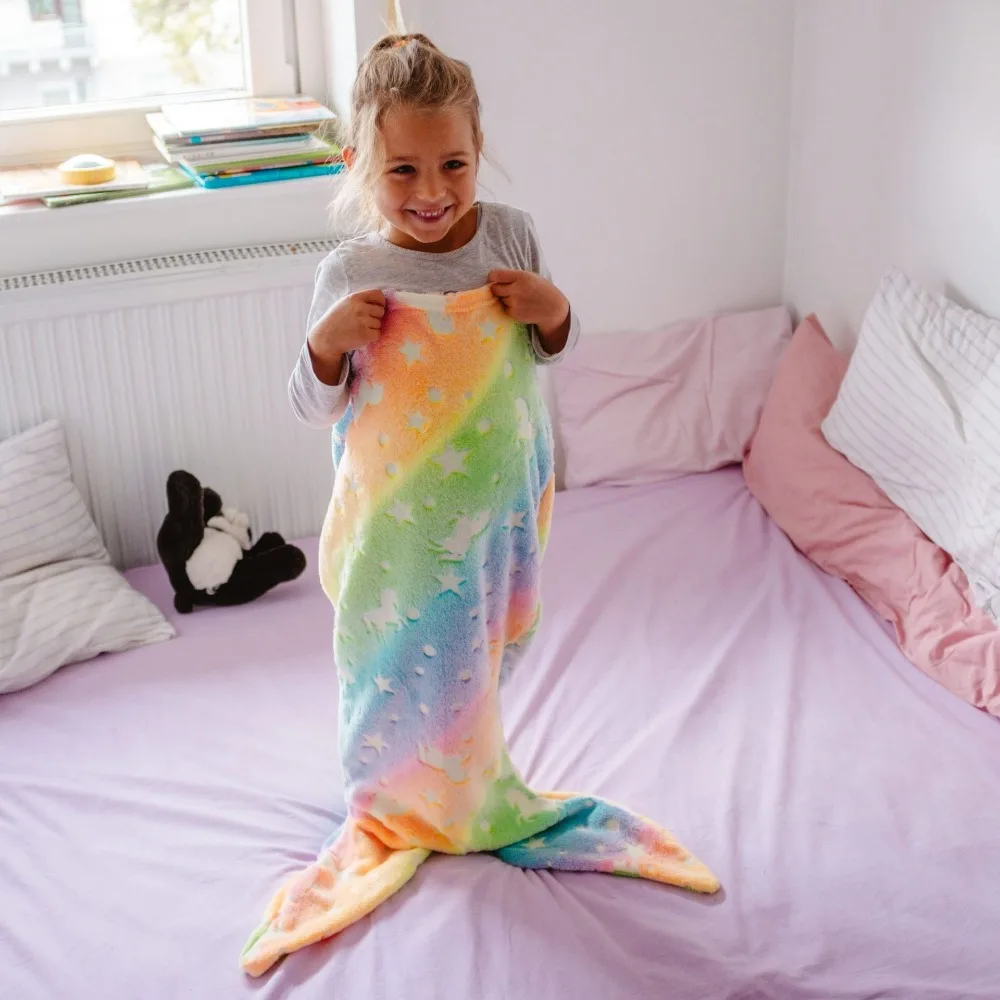 Mermaid Starry Night Light Sleeping Bag, Flannel Light-up Blanket, Rainbow Mermaid Blanket