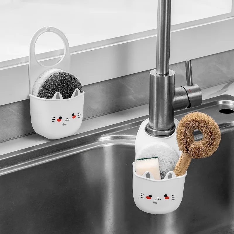 

Cartoon cat hanging sink drain blue kitchen faucet rack sink pool debris storage bag hanging basket