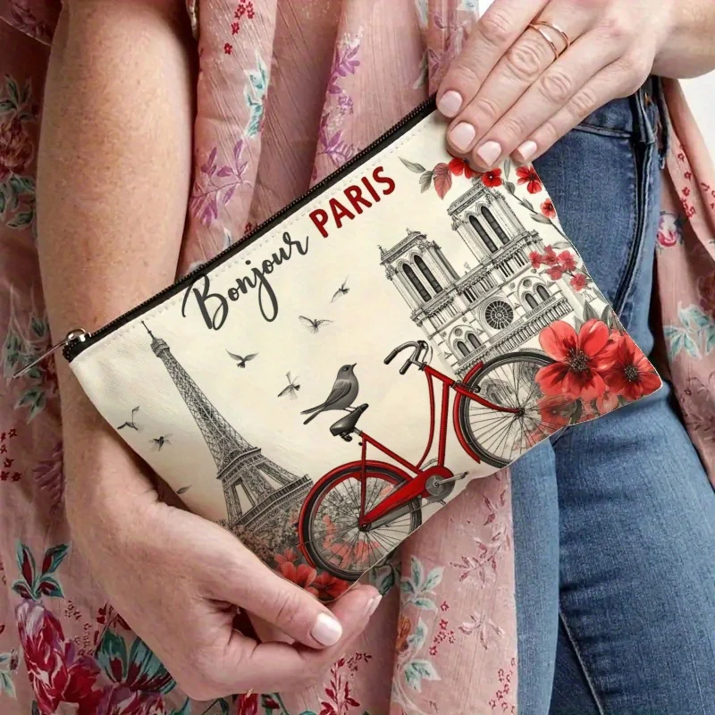 Uma bolsa de maquiagem da Torre Eiffel – Bolsa de maquiagem portátil multifuncional de grande capacidade, bolsa de armazenamento pequena com zíper de viagem perfeita.