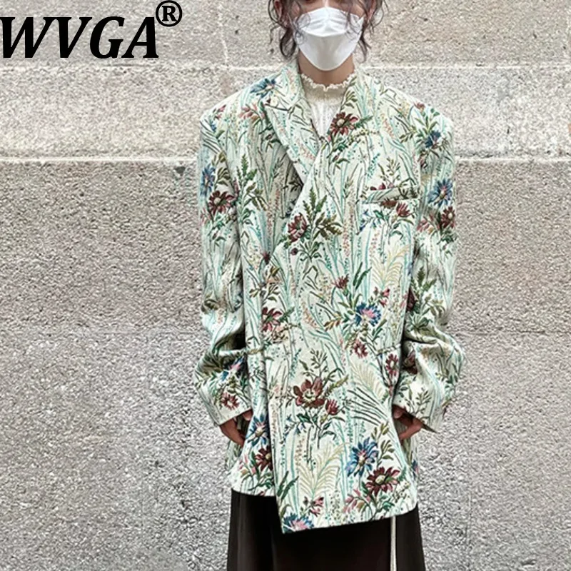 

WVGA Spring Autumn New Men's Tide Niche Design Yamamoto Style Retro Floral V-neck Side Button Padded Shoulder Blazers Ins W17925