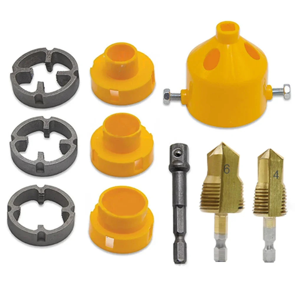 

10 шт./компл., инструмент для изготовления резьбы из ПВХ, инструмент для нарезания резьбы, сантехнический инструмент 1/2 дюйма, 3/4 дюйма, 1 дюйм, круглая матрица, подъемное сверло из ППР для электрической дрели