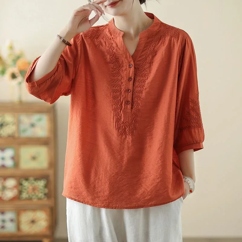 

Casual Three-quarter Sleeve T-shirt Embroidered Shirt 2025 New Cotton Linen Loose Fashion Top