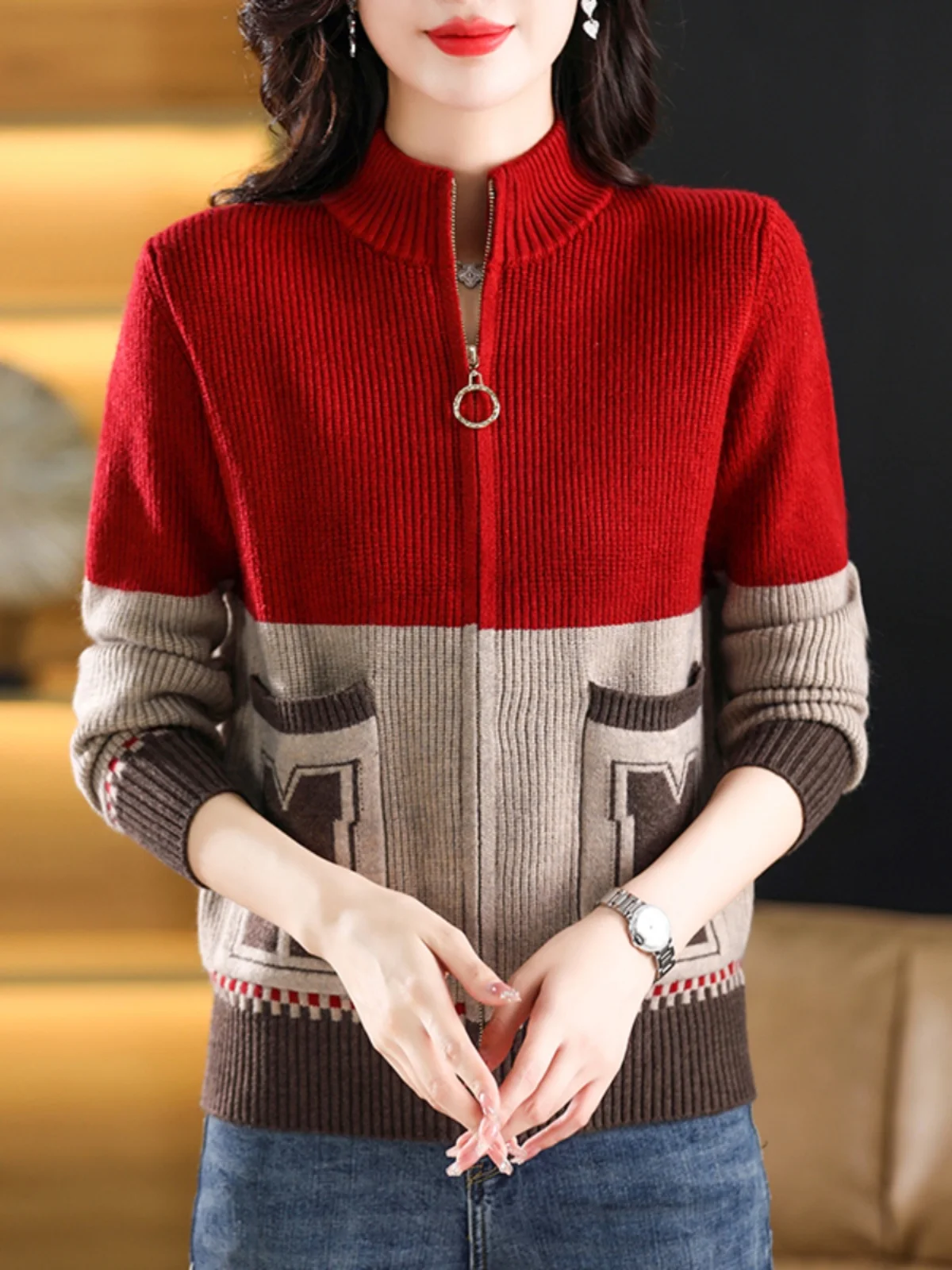 

Erdos Women's Open Cardigan Loose Fit Zipper Wool Sweater Outerwear Stand Collar Camere Knitted Spring Autumn Faion