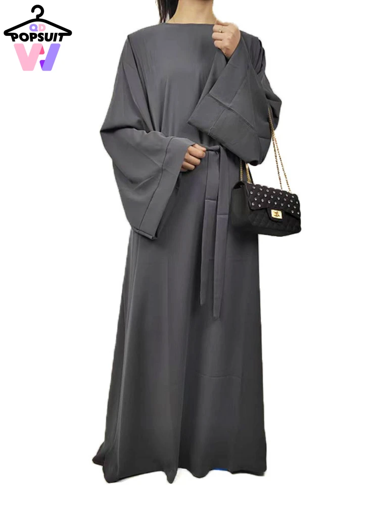 Imagem -02 - Vestido Abaya Muçulmano Feminino Mangas Compridas Punhos Largos Robe de Hemline Longo sobre o Size Solto Cinto Sólido Moda Novo in in