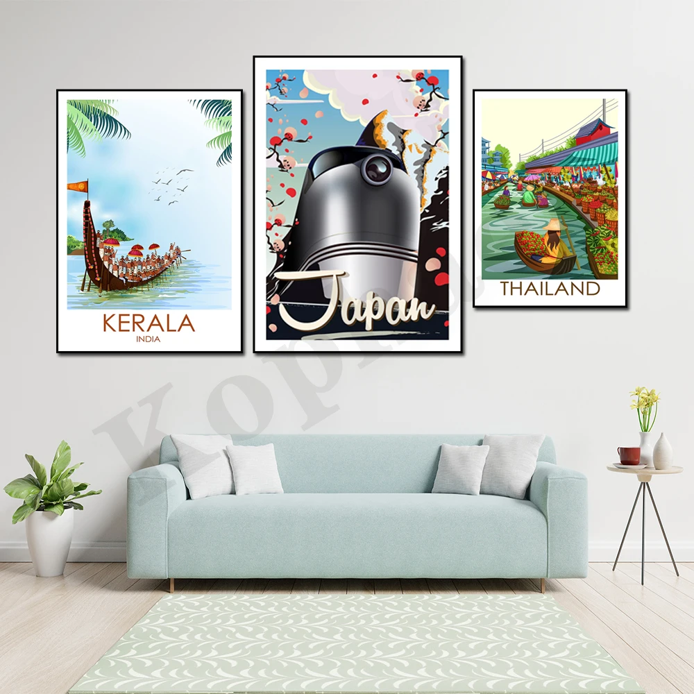 Japanese Train, Kyoto Bamboo Forest, Thailand Water Market, Sri Lanka, Halong Bay, Kerala. City Travel Landscape Canvas Painting