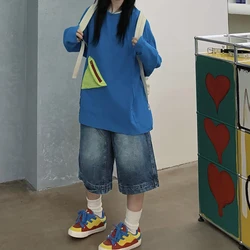 Y2K Vintage Baggy Jean Shorts Womens Washed Wide Leg Capri Pants Casual Barrel Denim Shorts