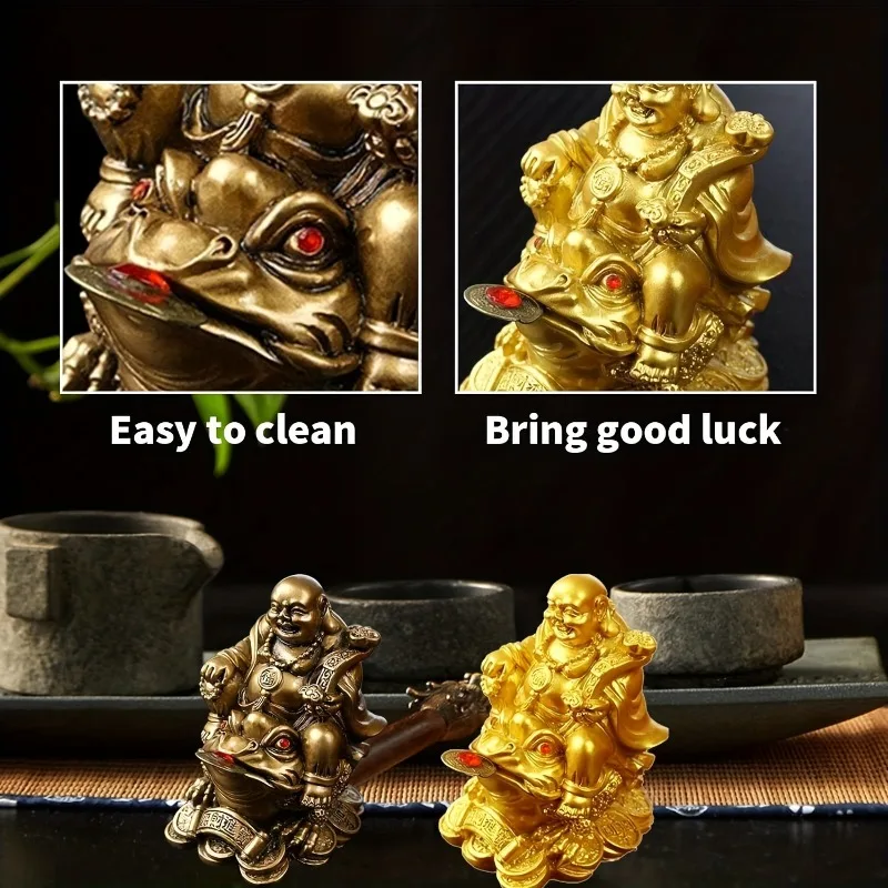Feng Shui Laughing Buddha, Wealth Laughing Buddha Sit on Money Frog Statue Lucky Toad Car Ornaments Home Office Decoration