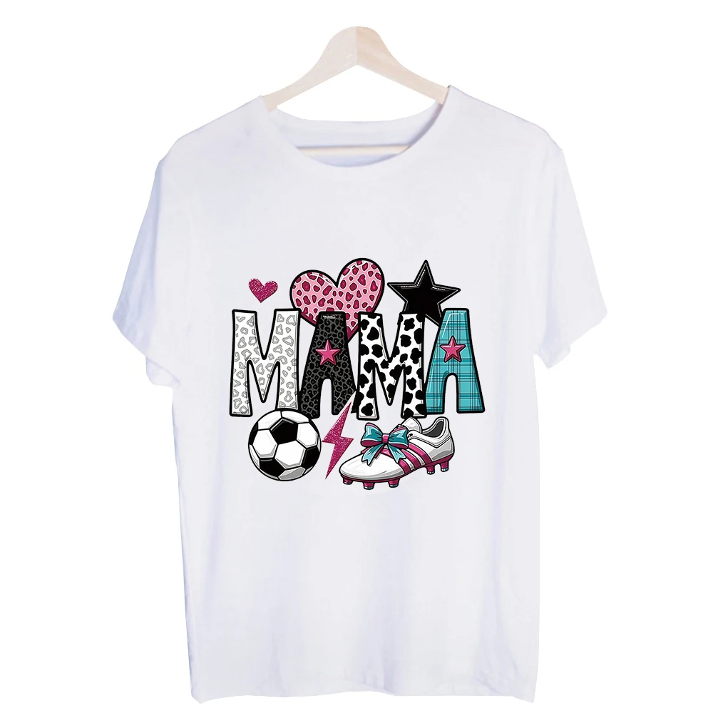 Women's Mama Letter Print Graphic Tee, Soccer and Heart Design Short Sleeve T-Shirt for Casual Daily Wear
