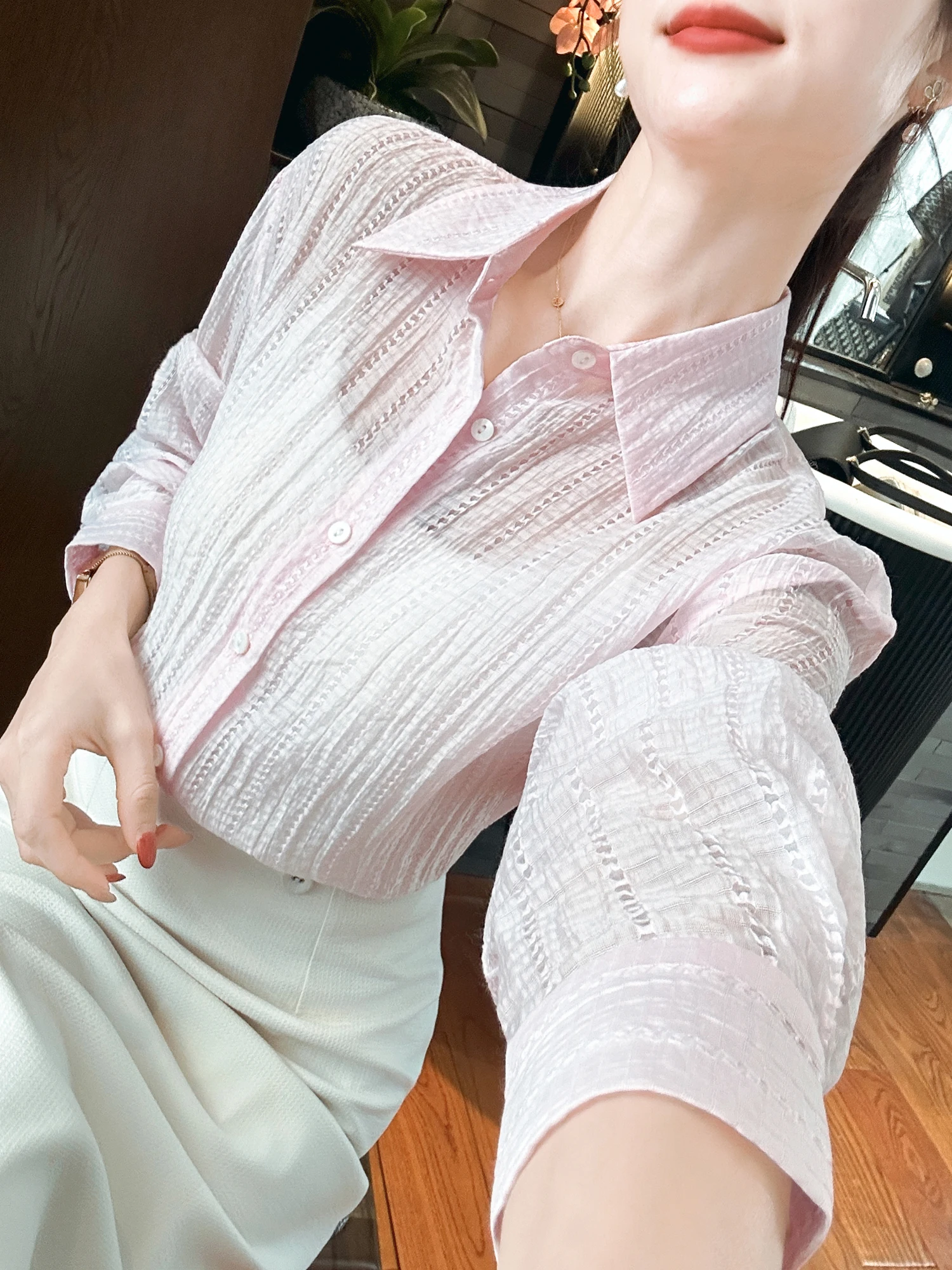 

You See Yuzu Sakura Pink Glow Built-In Filter ature ghtfully Draped irt Office Sle Long Sve Flip Collar Women's