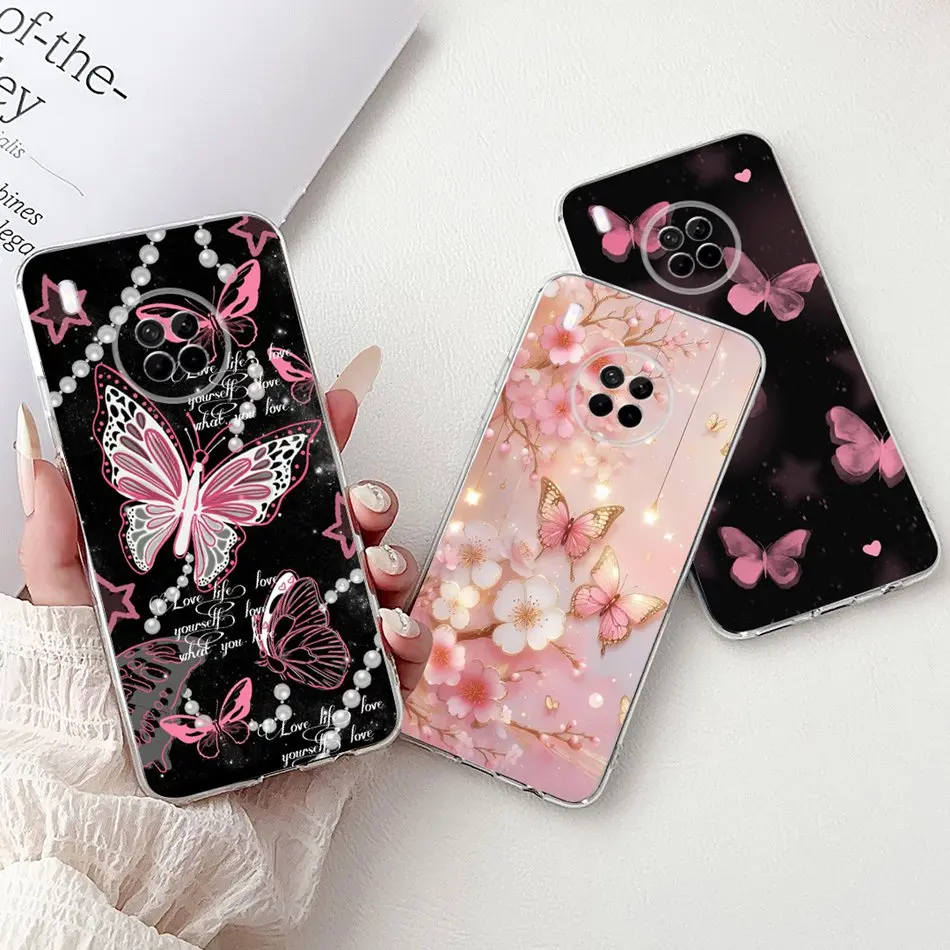 For Huawei Y9a Phone Case Nova Y9a FRL-L22 FRL-L23 Elegant Floral Cat Painted Soft Silicone Transparent TPU Cases