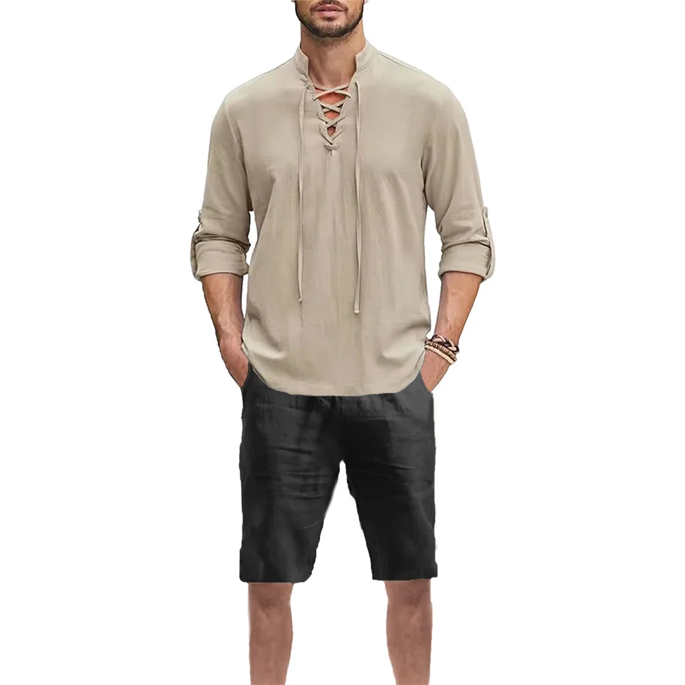 

Men's Vintage Lace Up V-neck Shirt Suit Casual Solid Color Breathable Lightweight Fashion Summer Sets Male Outfit