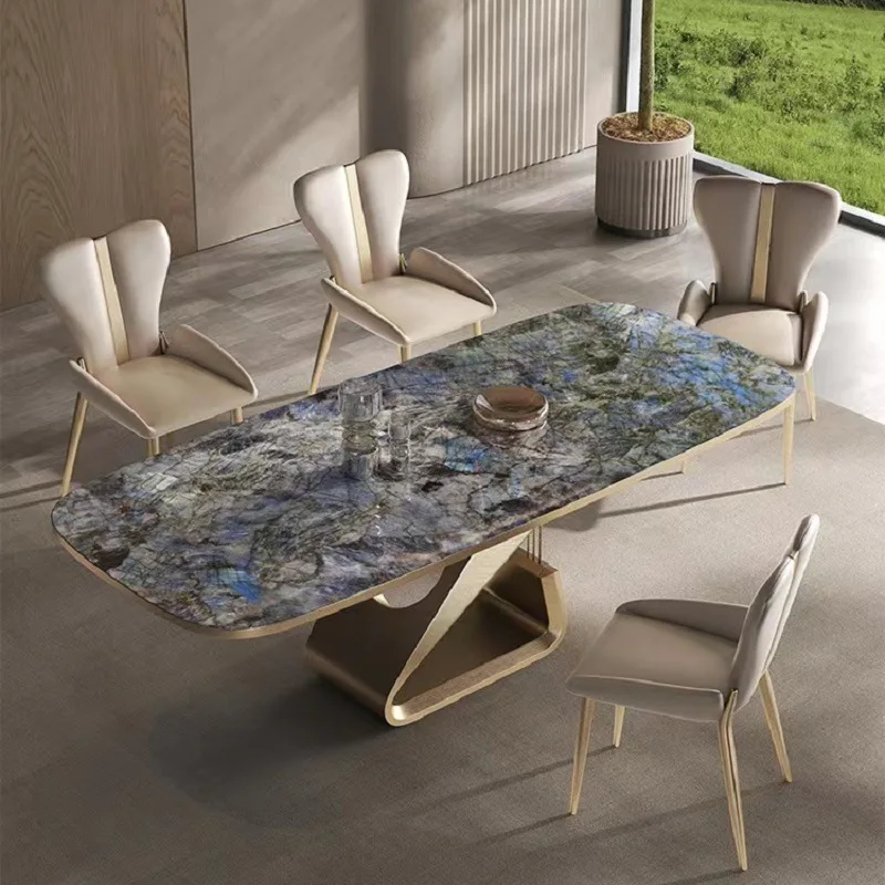 #￥Light luxury microcrystalline stone dining table, simple large-sized household rock slab stainless steel dining table