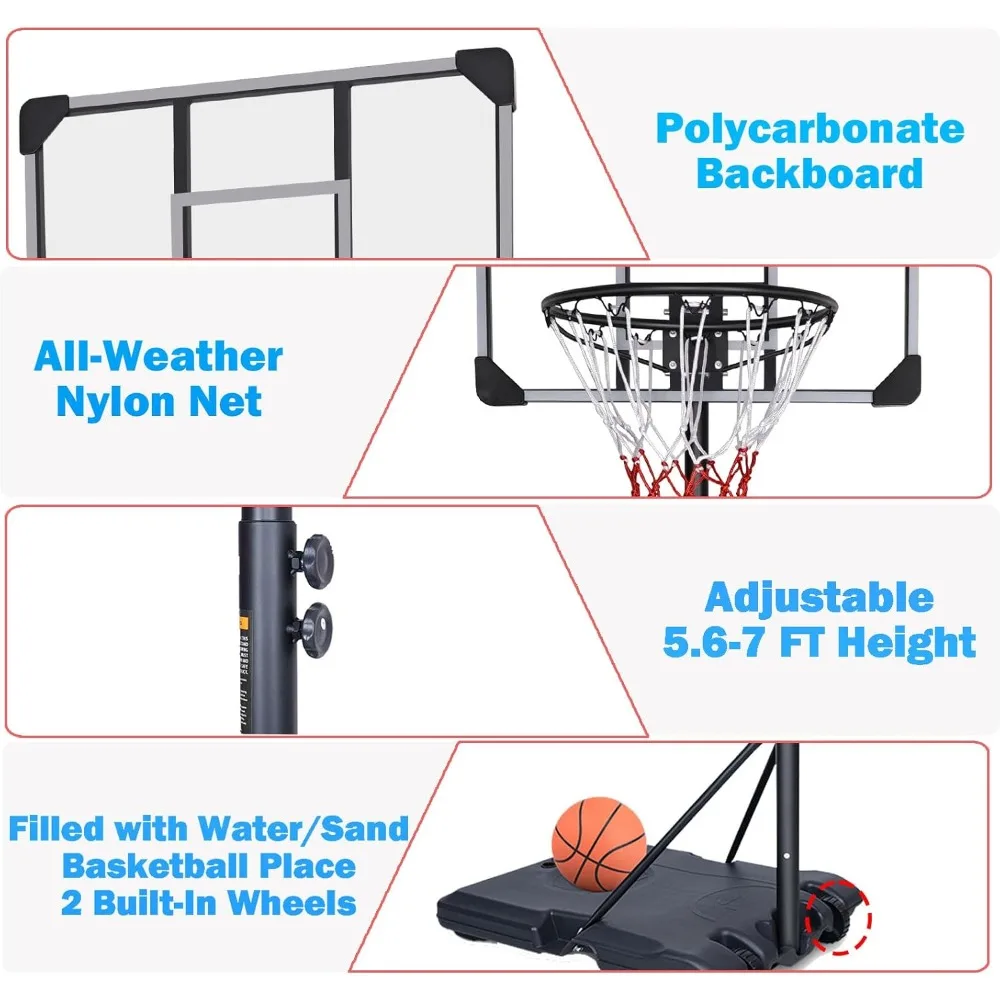 십대 및 성인을 위한 높이 조절 가능한 농구대 시스템, 5.6피트에서 7피트, 실내외 사용 가능, 28인치