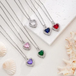 Stainless Steel Chain Simple Zircon Heart Pendant Necklaces for Women Girls Silver Color Shiny Sweet Jewelry Accessories Gifts
