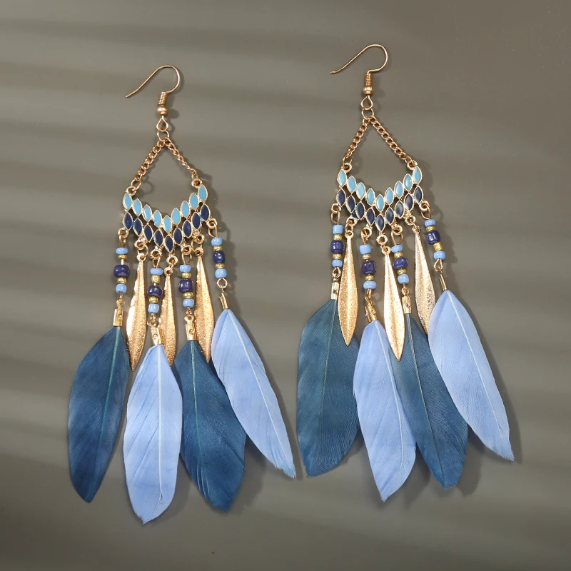 Boho Lange Feder Baumeln frauen Ohrringe Strand Lange Quaste Perlen Handgemachte Blume Emaille Ohrringe Braut Hochzeit Pendientes Mujer