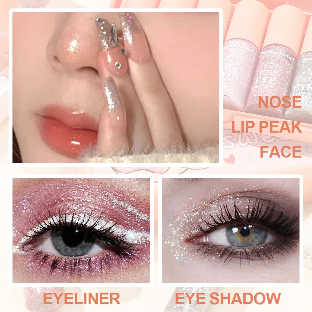 Juego de 6 uds de sombra de ojos líquida con purpurina, brillo nacarado, brillo de diamante, fácil de aplicar para uso diario en fiestas, paquete de dibujos animados bonitos