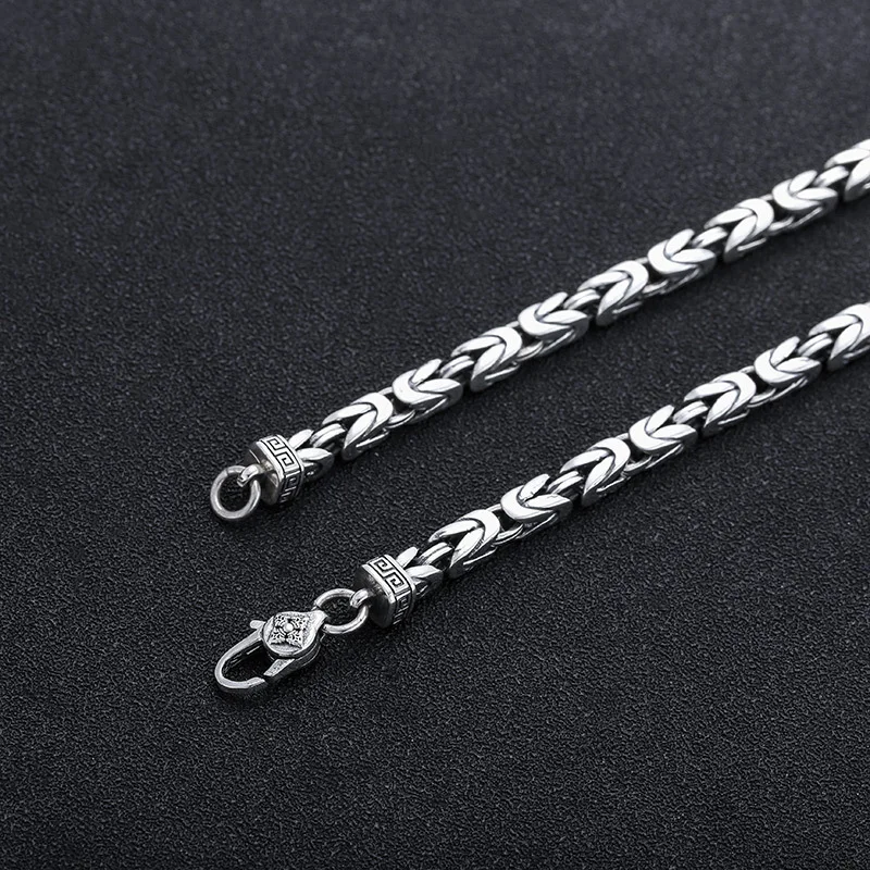 BOCAI New Real S925 Pure Silver Jewelry Accessories Retro Craft Square Weave Hemp Pattern Trend Men\'s  Necklacece