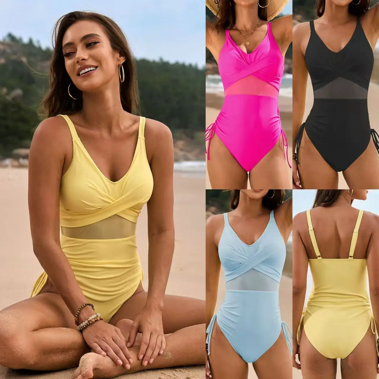 2025 Sexy Plus Size Mesh Patchwork One Piece Swimsuit For Women Cross Swimwear Female Drawstring Bodysuit Bathing Suit Beachwear