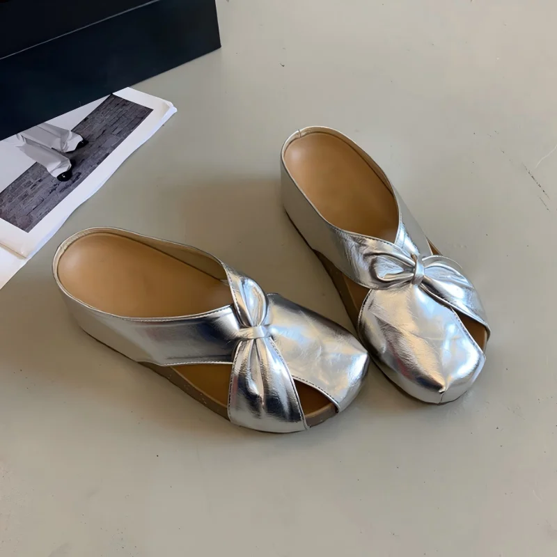 Metallic Wedge Sandals Women Cutout Bow Slippers Platform Thick Sole Closed Toe Mules Summer Outdoor Casual Beach Slides Shoes - view 6