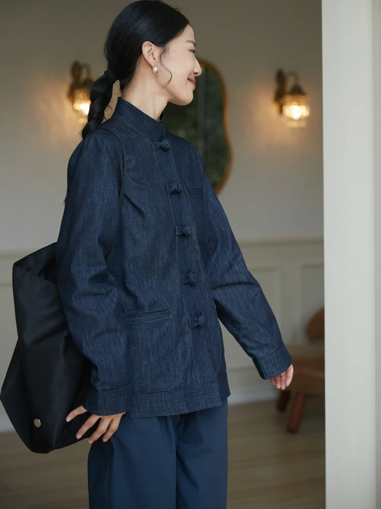 

TAORAN Женская джинсовая куртка-жакет в стиле Ханьфу с воротником и пуговицами, длинными рукавами, традиционная китайская этническая мода