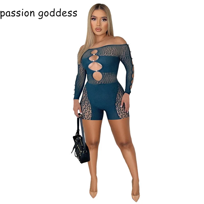 

Slash Neck Off The Shoulder Long Sleeve Bodycon Hollow Out Sexy Playsuits for Women Perspective Mesh One Piece Rompers Bodysuits