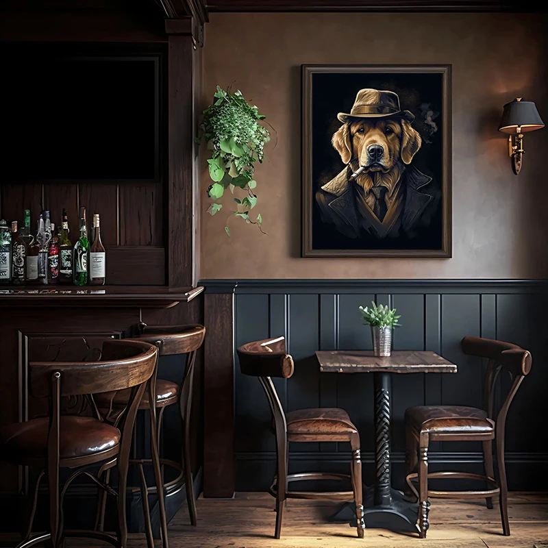 Funny Animal Portraits French Bulldog Gentleman Smoking Cigars Retro Poster Canvas Paintings Wall Art Pictures Room Home Deco
