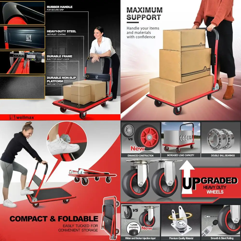 

Red Foldable Hand Truck with 360° Swivel Wheels, 660lb Capacity for Easy Storage and Moving