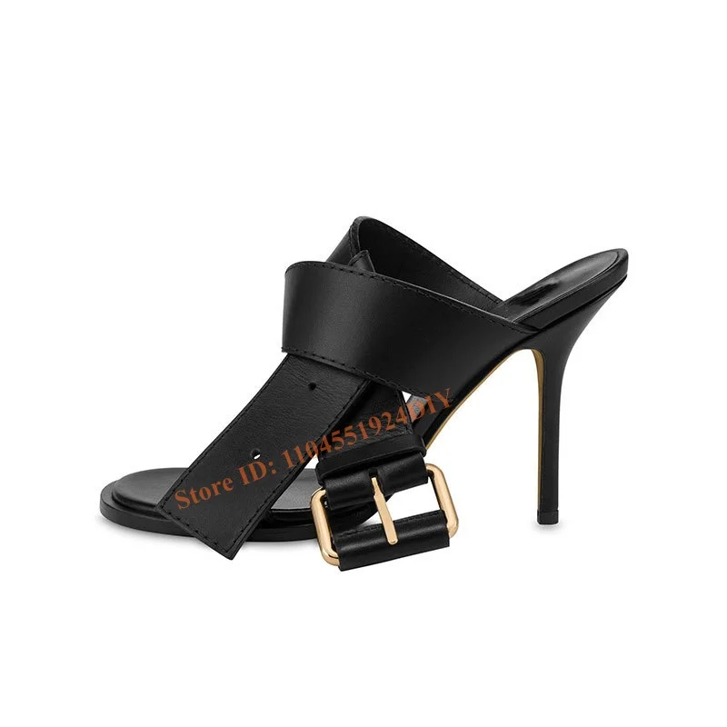 

Belted Up Big Buckle Slip On Sandals Women Mules Woman Thin High Heel Open Toe Knot Sexy Party Shoes