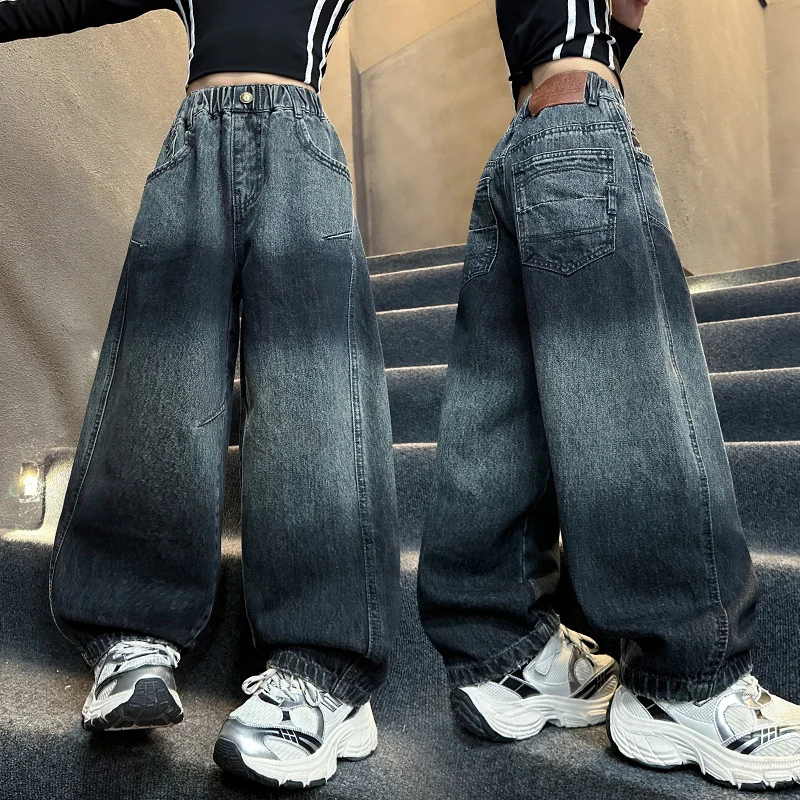 

New Design Kids Child Vintage Distressed Jeans with Pocket for Girls High Fashion Street Style Black Gradient Denim Pants 5-14Y