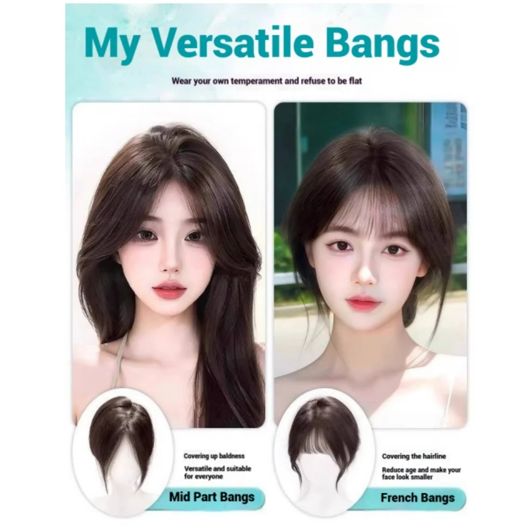 업그레이드된 이마 무테 디자인 매직 페이스트 여성용 인모 헤어피스 (클립 없음) 헤어뱅 연장으로 탈모 커버