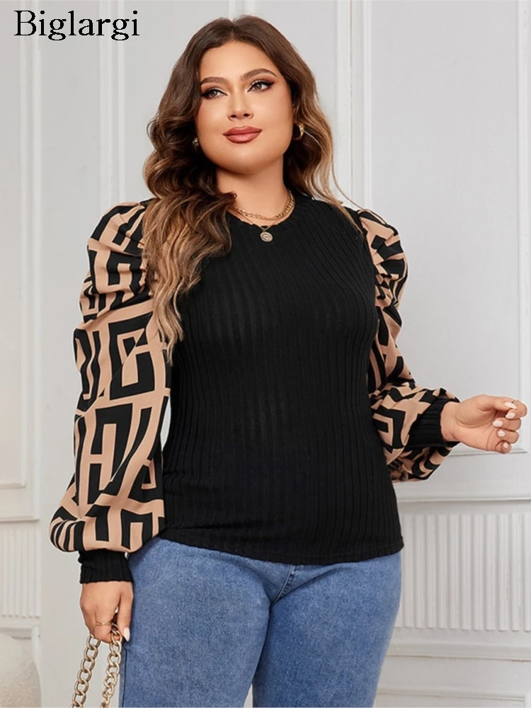 Plus Size Autumn Geometric Print Patchwork Long Sleeve Tops Women Fashion Casual Ladies Blouses Loose Woman Pullover Tops