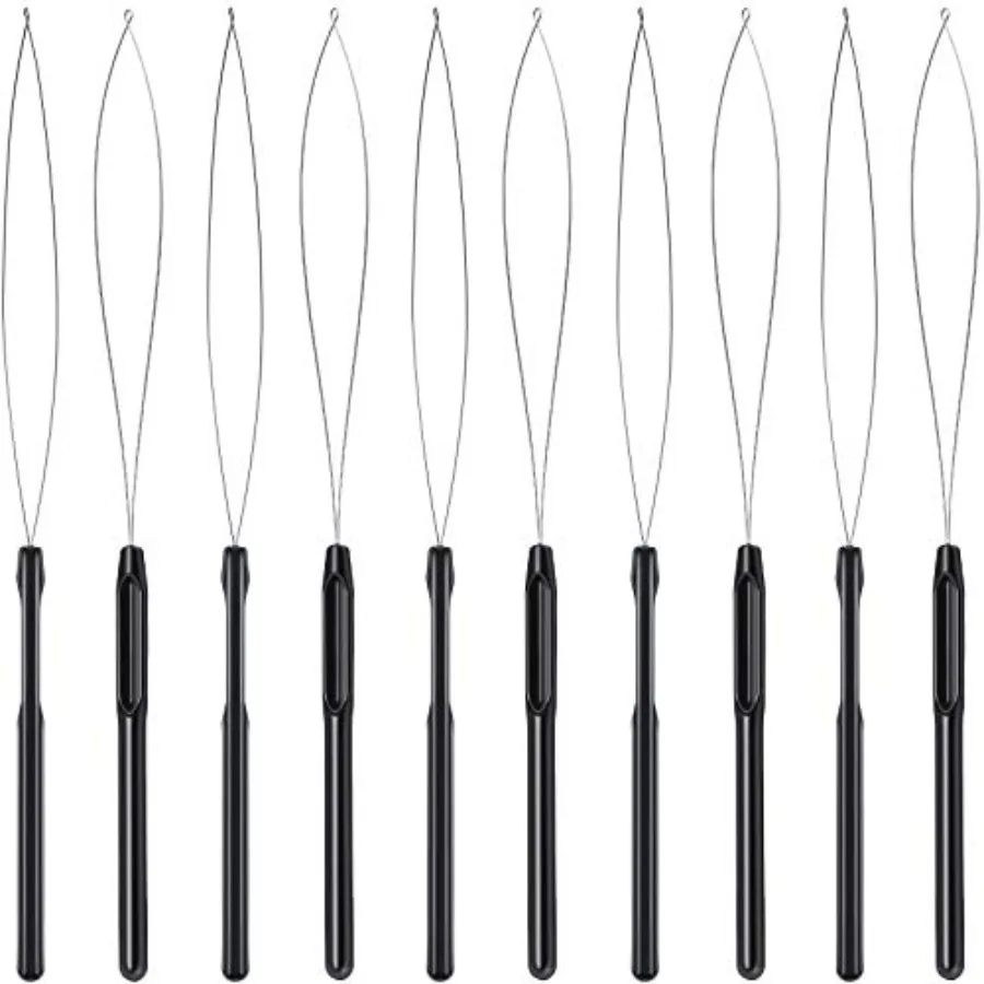 

Hair extension loop needle threader pulling hook tool and bead device for salon use, stainless steel, silver, 10-piece set with