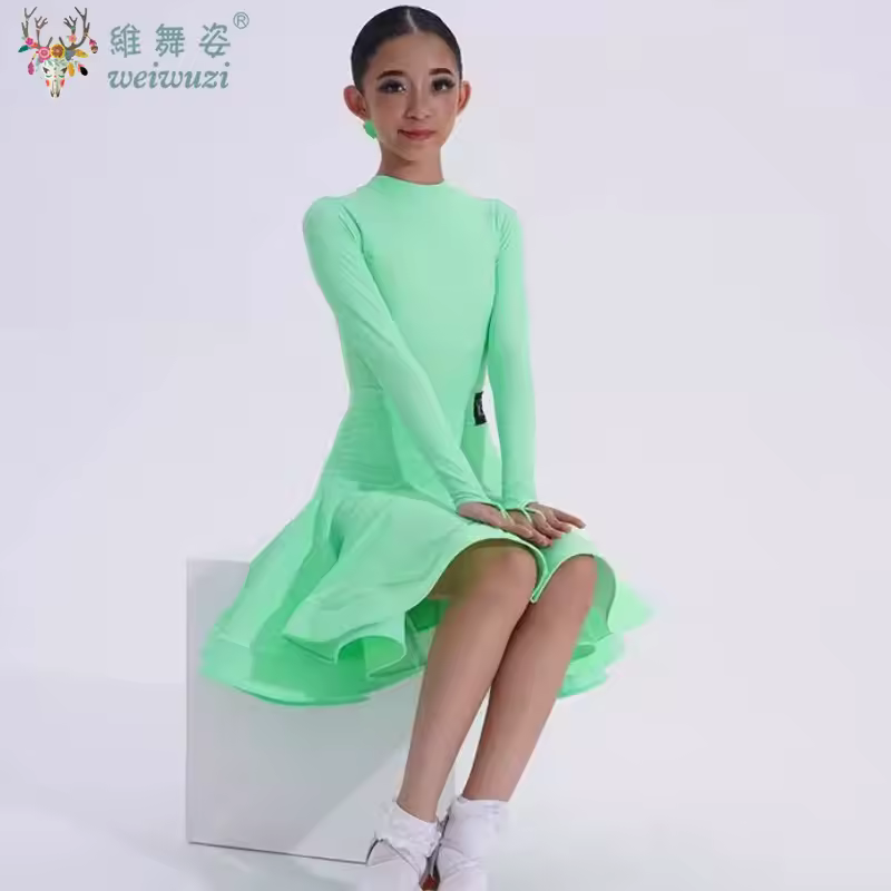 Girls Latin Dance Competition Clothing Glossy Fabric Long Sleeves Dance Dress Kids Cha Rumba Dance Practice Training Wear - Image 2