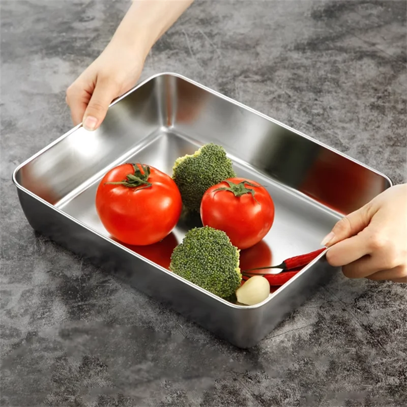 Stainless Steel Rectangular Baking Tray Food Barbecue Bakeware Fruit Bread Storage Plate with Handle Deep Pan Dish Kitchen Tools