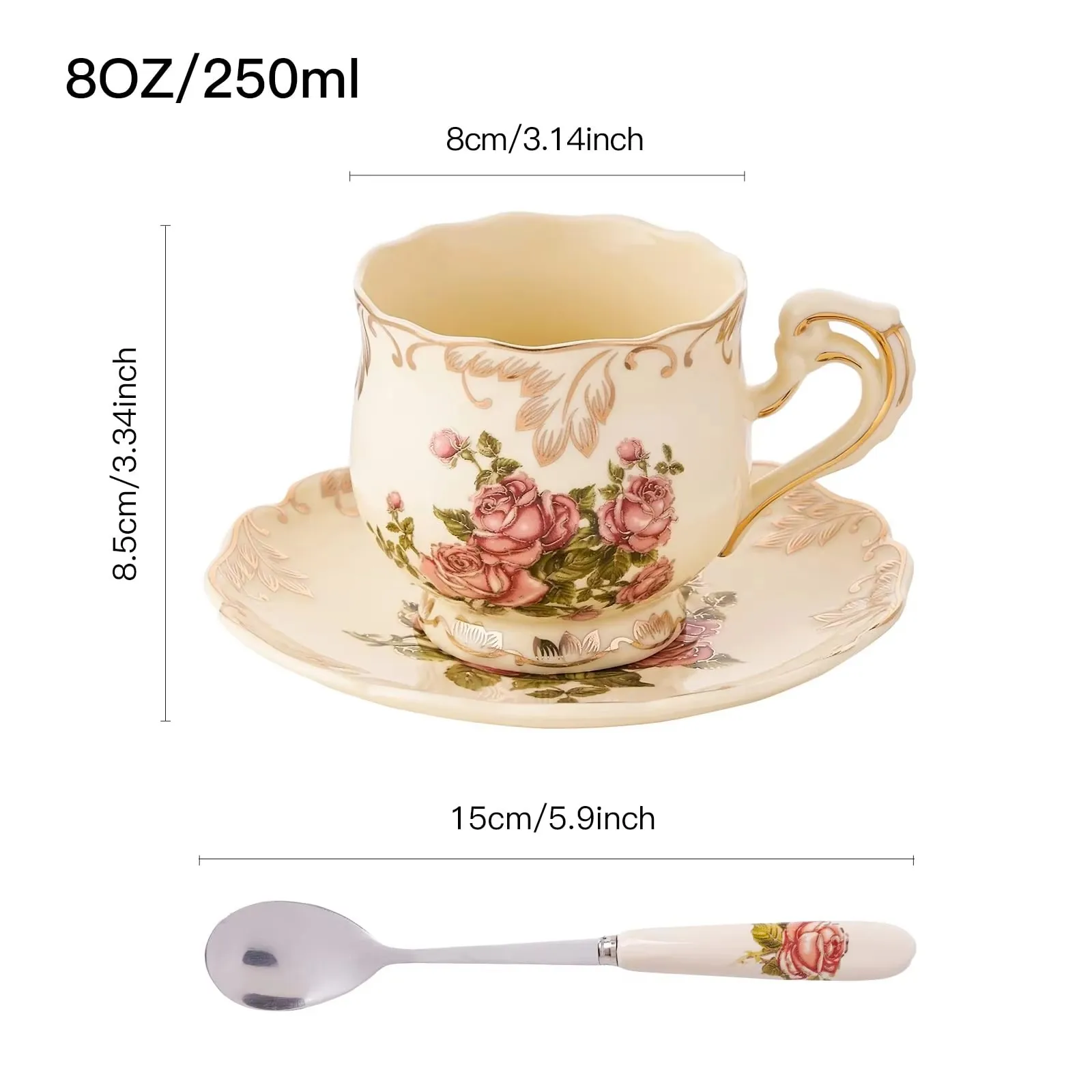 Vintage Coffee Cup Saucer Set Hand Painted Tea Cup Rose Flower Carving Craft Dishes and Plates Coffee Spoon Fruit Fork Tableware