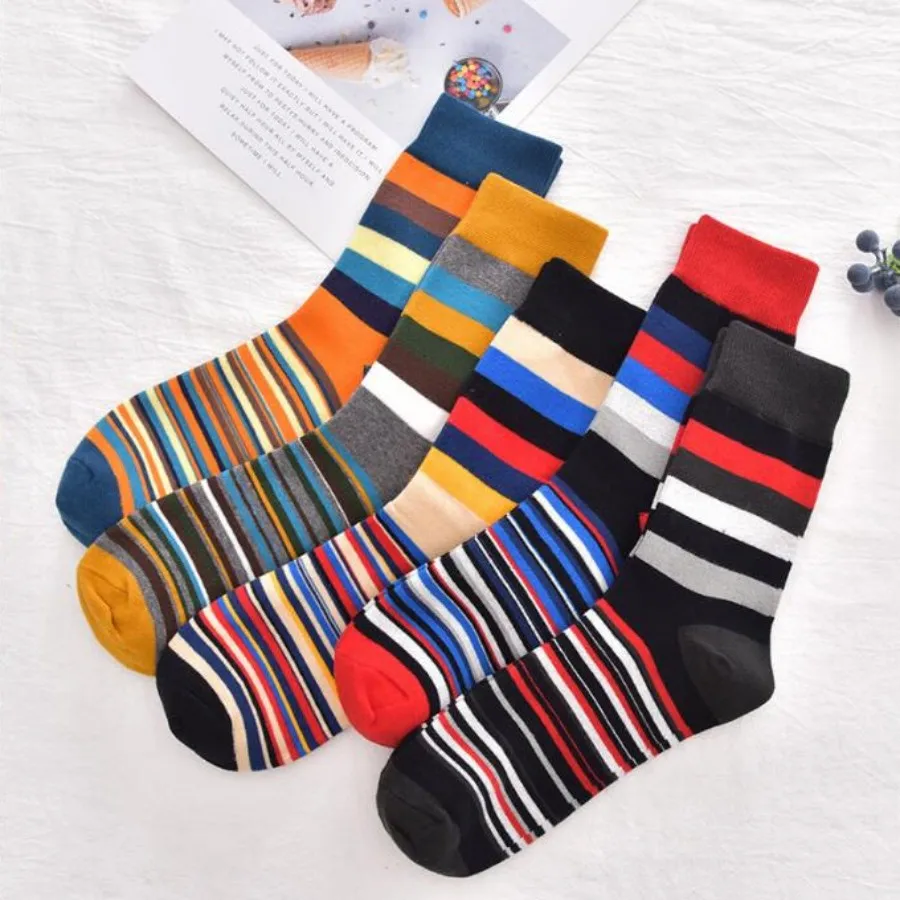 MYORED 5 pairs of new multi-color stripe stitching fashion trend retro cotton men's casual sports duct socks routine