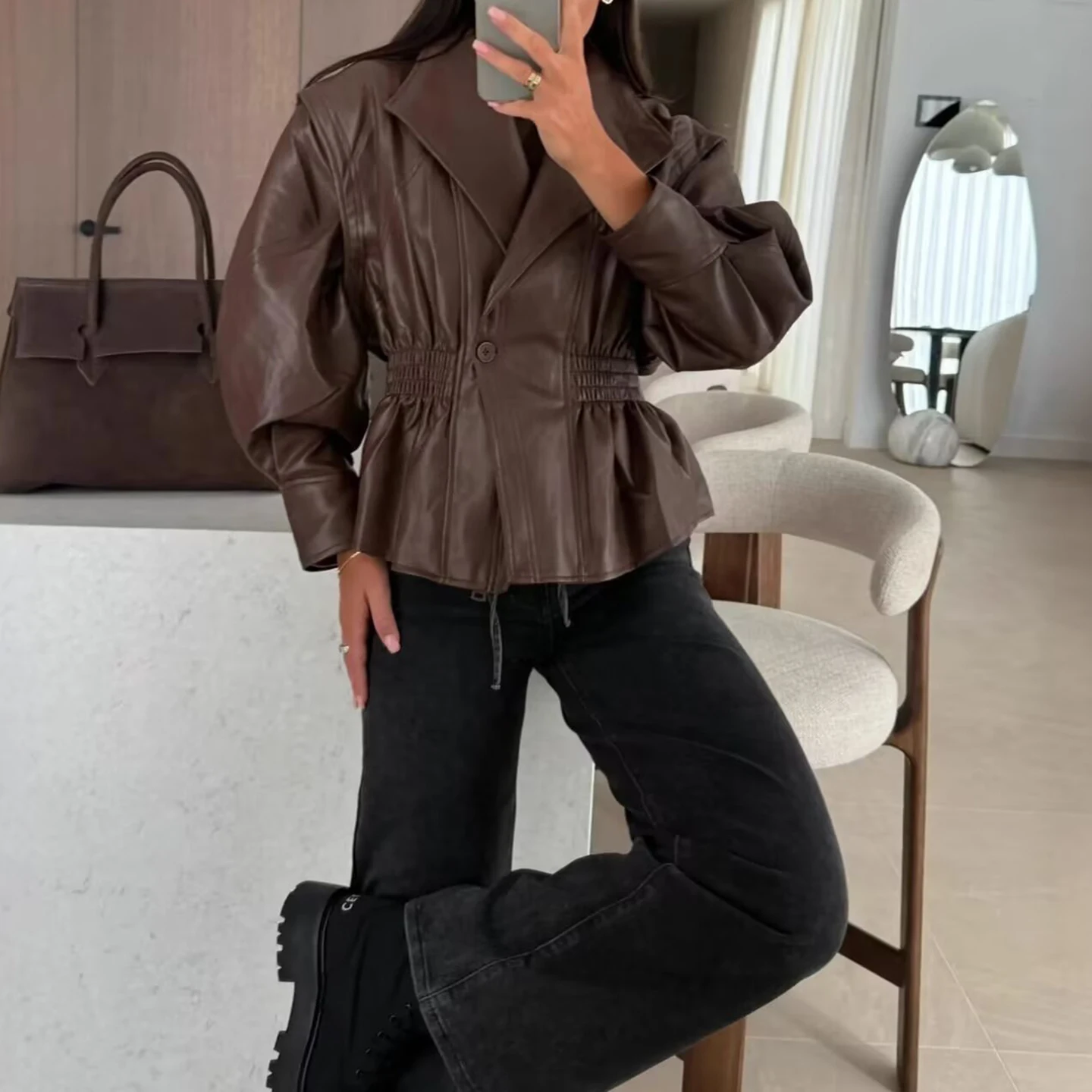 웨이드 인조 가죽 자켓 여성용 패션 2025 가을 투피스 슬레 아우터웨어 (케츠 포함) 출퇴근용 슬레 루즈핏 롱 슬...