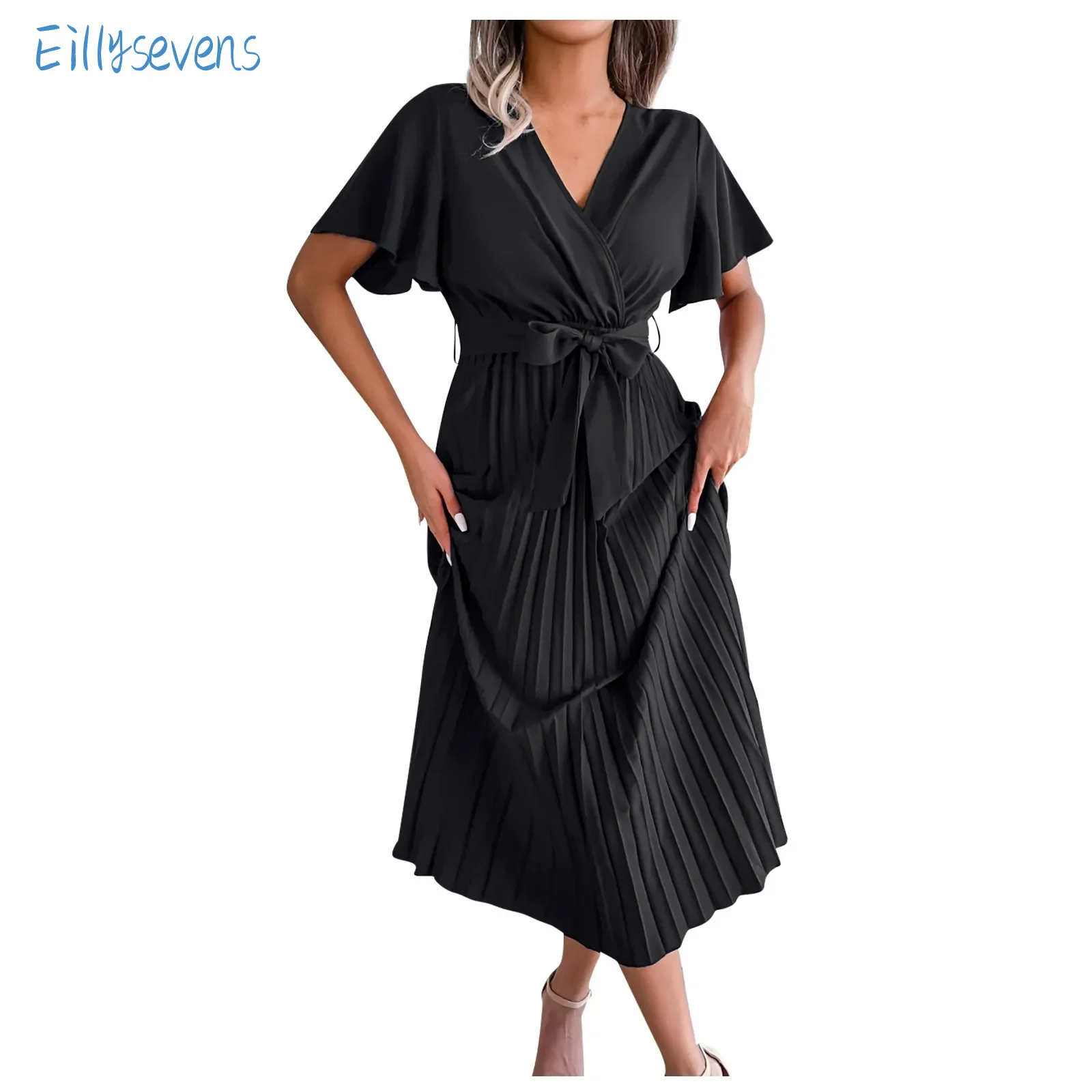 

New Fashion Dresses For Women Trend Sexy Cross V-Neck Lace-Up Large Hem Pleated Long Dress Daily Party Date Comfy Loose Dress