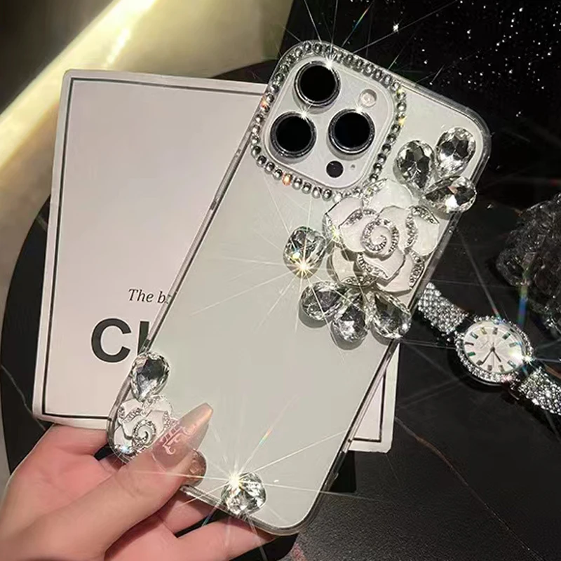 Sunjolly Camellia Rhinestone Case for Samsung Galaxy S24 Plus S23 Ultra S22 S21 FE S20 Plus Phone Cover Diamond Crystal Cases