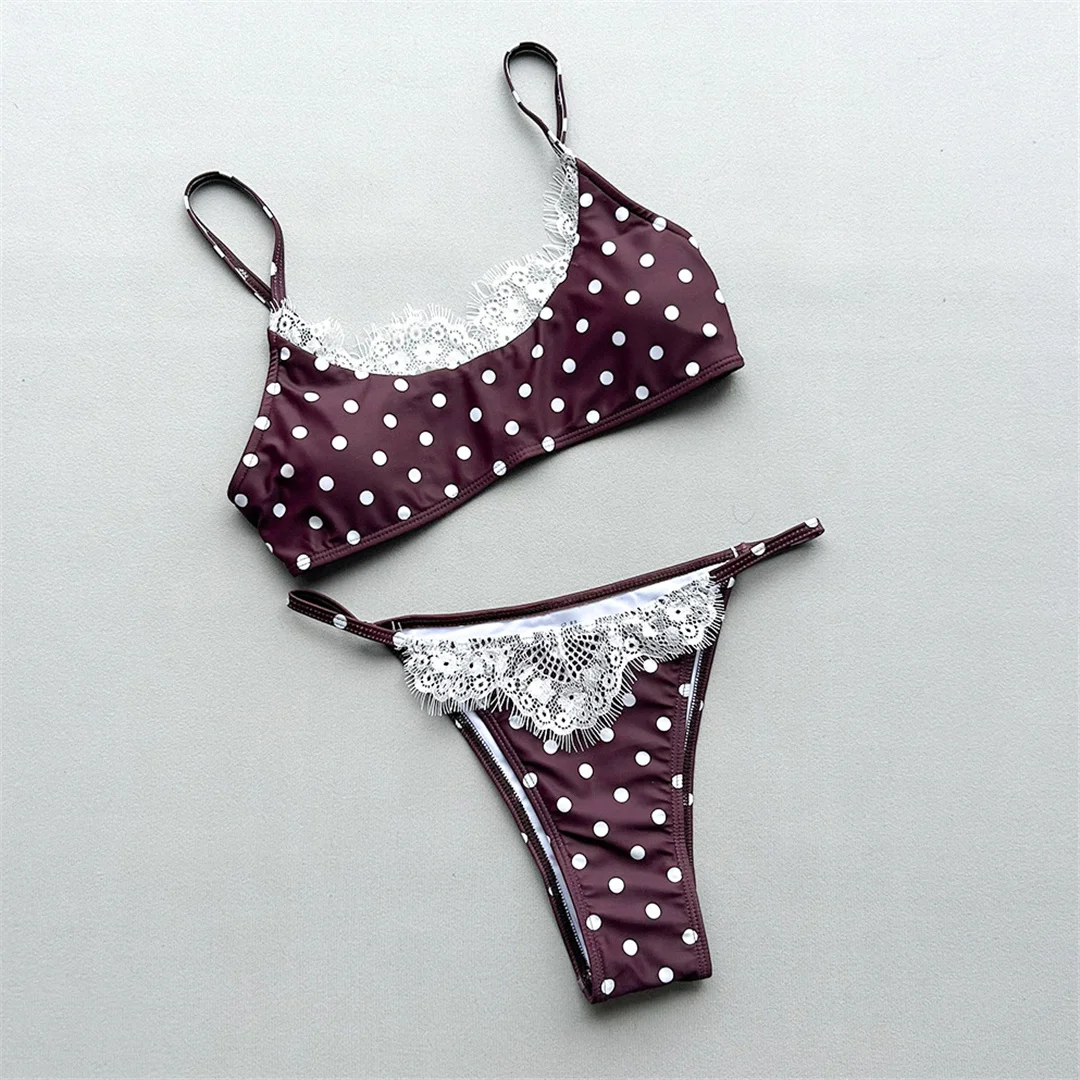 Polka Dot Splicing Spitzen-Bikini Damen-Badeanzug Zweiteiliger Bikini-Set mit hohem Beinausschnitt Badeanzug V8452 – Detail 9